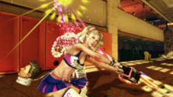 Juliet Starling ending a zombie in a surprisingly colorful flourish in Lollipop Chainsaw