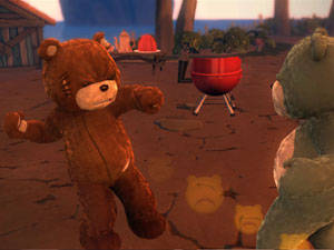 Naughty Bear taking a swing at an enemy bear at a bar-b-que Naughty Bear taking a swing at an enemy bear at a bar-b-que