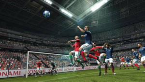 Leaping for a ball in front of the goal in Pro Evolution Soccer 2012