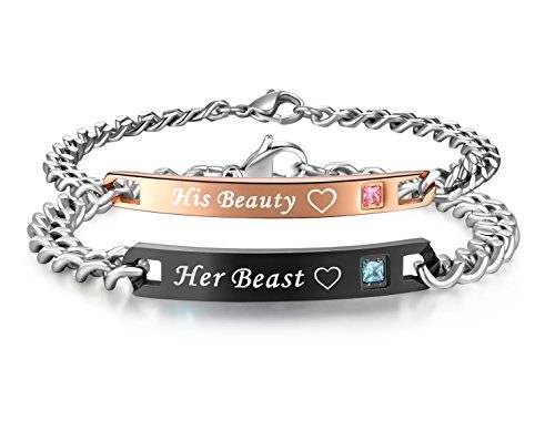 His or Hers Matching Set His Beauty Her Beast Titanium Stainless Steel Couple Bracelet in a Gift Bo