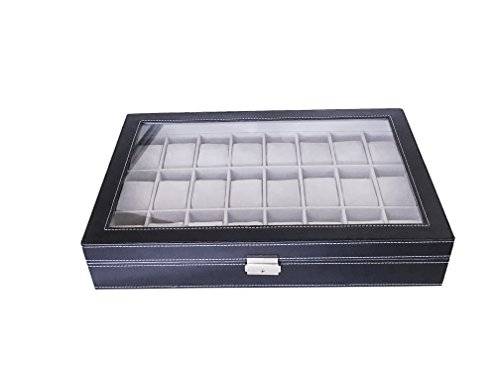 Sodynee Watch Box Large 24 Mens Black Leather Display Glass Top Jewelry Case Organizer