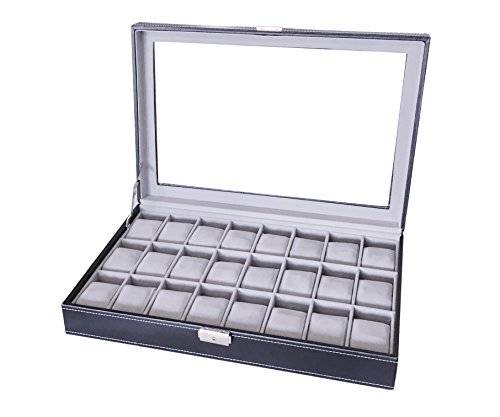 Sodynee Watch Box Large 24 Mens Black Leather Display Glass Top Jewelry Case Organizer