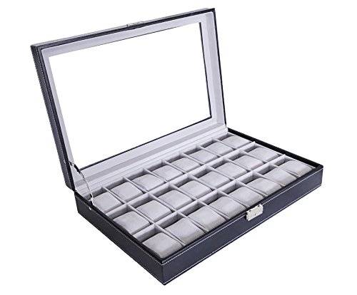Sodynee Watch Box Large 24 Mens Black Leather Display Glass Top Jewelry Case Organizer