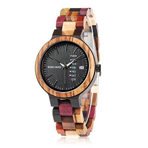 Womens Wooden Watches Colorful Bamboo Watches with Week & Date Display Handmade Natural ..