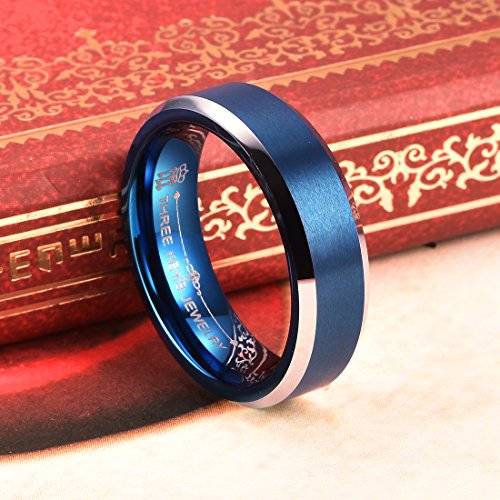 Three Keys Jewelry 6mm Two Tone Tungsten Wedding Ring Blue Brushed Wedding Band Engagement Ring Uni