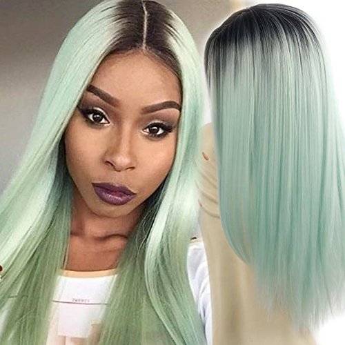 Wigs Long Straight Ombre Wig Heat Resistant Fiber Mint Green Black Roots Full Wigs for Woman