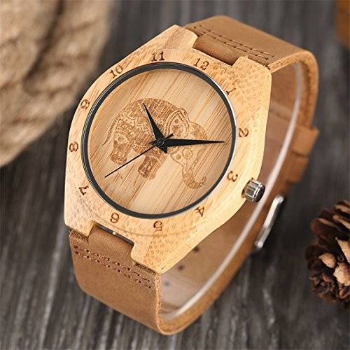 Unisex Bamboo Wood Quartz Watch Elephant Engraving Dial With Brown Genuine Leather Band Wooden Case