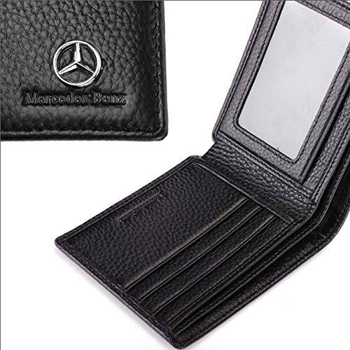 Genuine Leather Bifold Wallet with 3 Card Slots and ID Window For Mercedes Benz (Black, Merce..