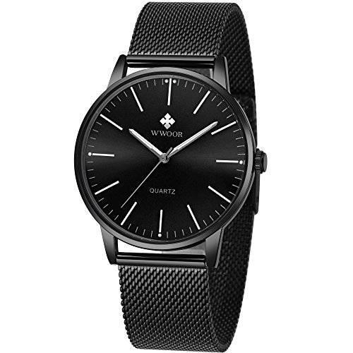 Mens Simple Slim Watch Analog Quartz Waterproof Black Stainless Steel Mesh Band Thin Cas..