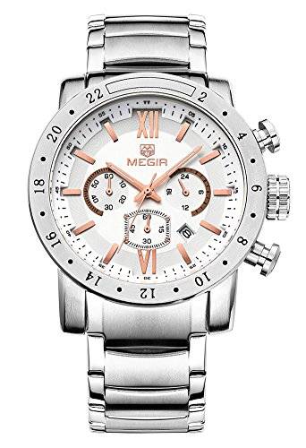 Voeons Mens Watches Stainless Steel Wristwatch Chronograph 3ATM Waterproof Mens Watches Silver