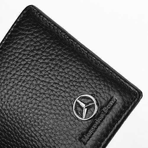 Genuine Leather Bifold Wallet with 3 Card Slots and ID Window For Mercedes Benz (Black, Merce..