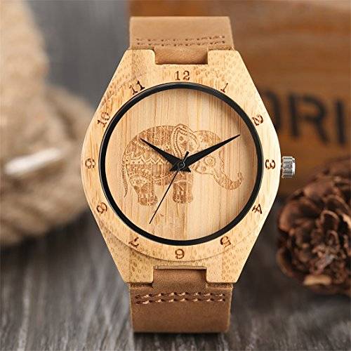 Unisex Bamboo Wood Quartz Watch Elephant Engraving Dial With Brown Genuine Leather Band Wooden Case