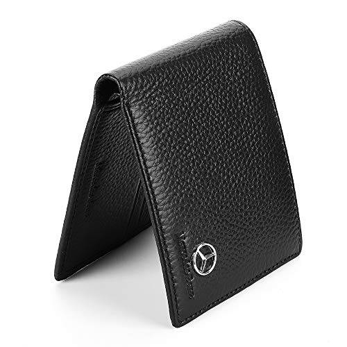 Genuine Leather Bifold Wallet with 3 Card Slots and ID Window For Mercedes Benz (Black, Merce..