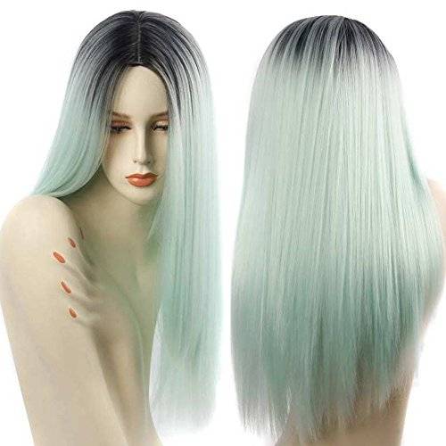 Wigs Long Straight Ombre Wig Heat Resistant Fiber Mint Green Black Roots Full Wigs for Woman