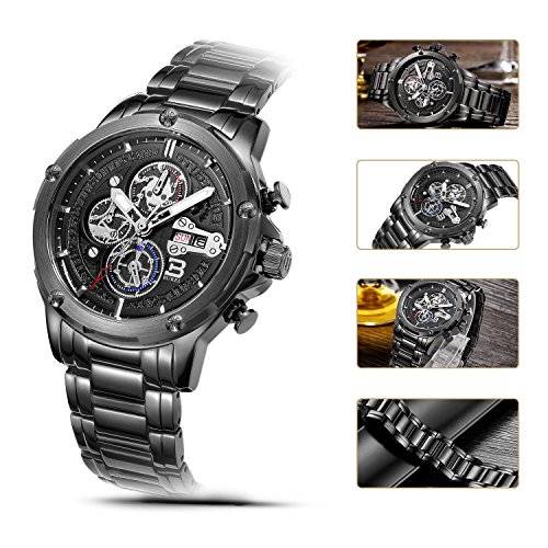 BUREI Men Chronograph Sports Wrist Watches with Black Dial Metal Bracelet