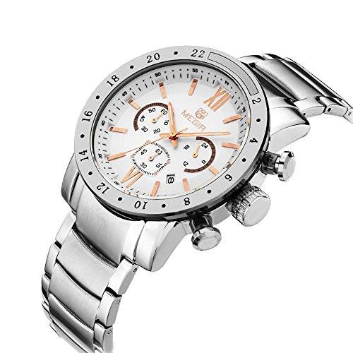 Voeons Mens Watches Stainless Steel Wristwatch Chronograph 3ATM Waterproof Mens Watches Silver