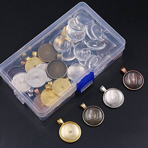 Glarks 56Pcs 4 Colors Pendant Trays Round Bezel with Glass Cabochon Round Clear Dome Tiles for Craf