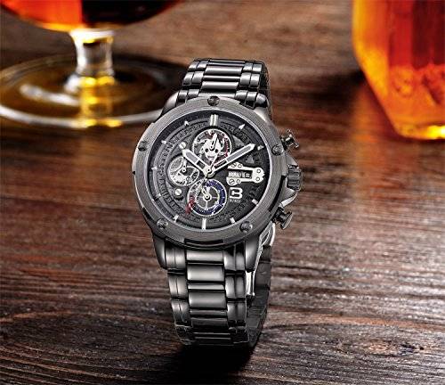 BUREI Men Chronograph Sports Wrist Watches with Black Dial Metal Bracelet