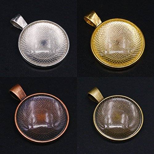 Glarks 56Pcs 4 Colors Pendant Trays Round Bezel with Glass Cabochon Round Clear Dome Tiles for Craf
