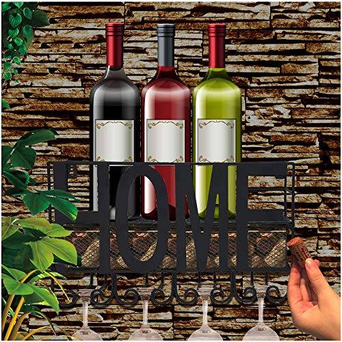 Wall Mounted Wine Rack - 4 Upside Down High Glass Rack and Wine Cork Storage - Bottle & Glass..