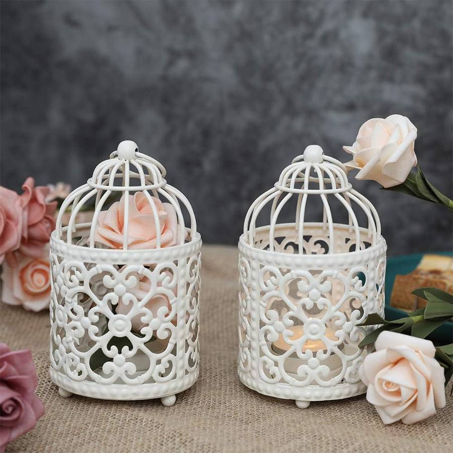 JHY DESIGN 2 Pack Small Metal Candle Stick Holder Hanging Birdcage Tealight Lantern Hollow Candle