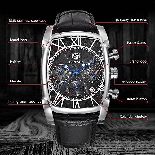 Mens Watches Brown Leather Strap Benyar Rectangle Watches Waterproof Chronograph Classic Watches Bu