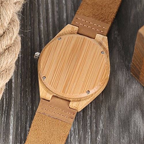 Unisex Bamboo Wood Quartz Watch Elephant Engraving Dial With Brown Genuine Leather Band Wooden Case