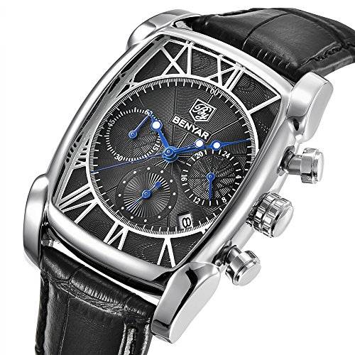 Mens Watches Brown Leather Strap Benyar Rectangle Watches Waterproof Chronograph Classic Watches Bu