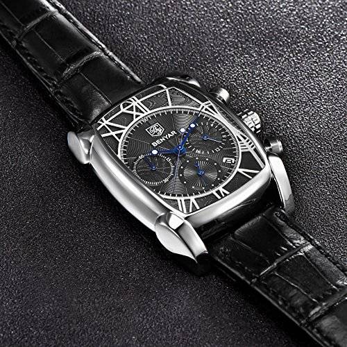 Mens Watches Brown Leather Strap Benyar Rectangle Watches Waterproof Chronograph Classic Watches Bu