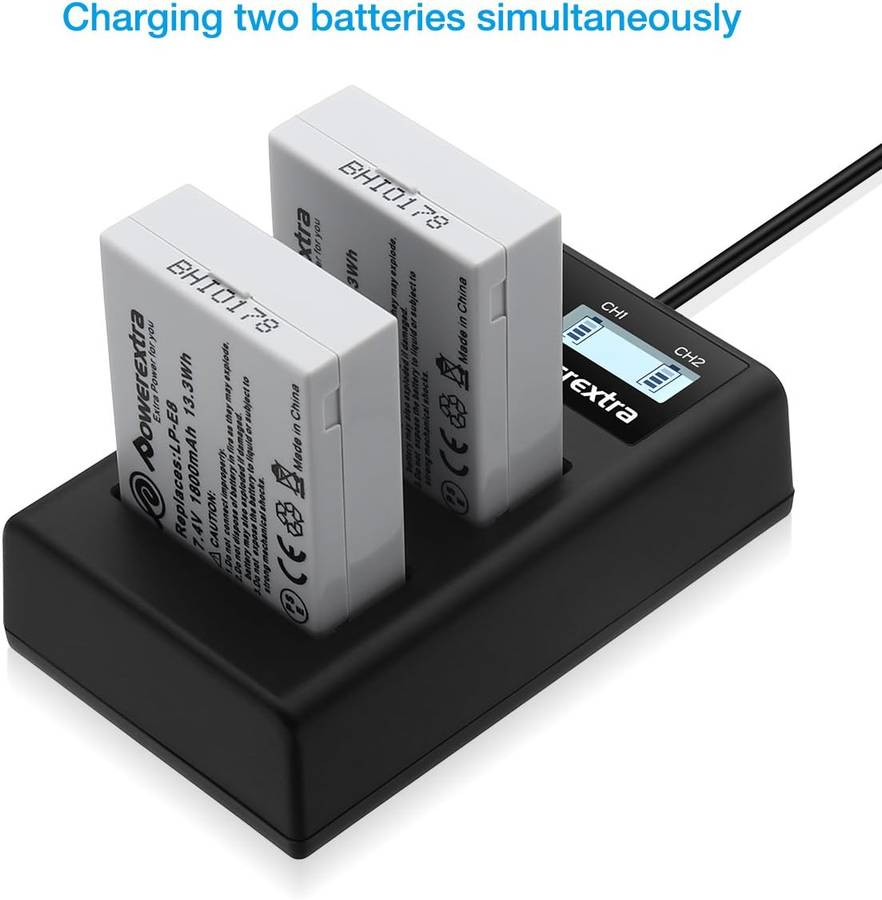POWEREXTRA 2 PACK CANON LP-E8 REPLACEMENT BATTERY AND DUAL LCD CHARGER COMPATIBLE WITH CANON REBEL T