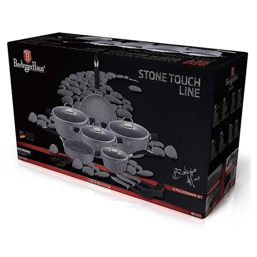Berlinger Haus -15 Pieces Gray Stone Touch Line Marble Coating Cookware Set - Gray/Black