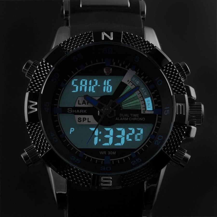 SHARK DUAL LED CHRONOGRAPH PORBEAGLE WATCH W/ BOX, PAPERS, LOADED!!