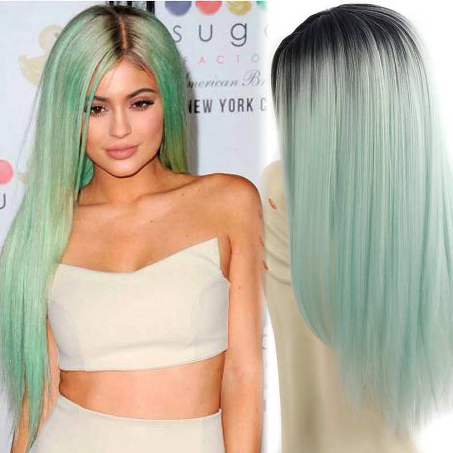 Wigs Long Straight Ombre Wig Heat Resistant Fiber Mint Green Black Roots Full Wigs for Woman