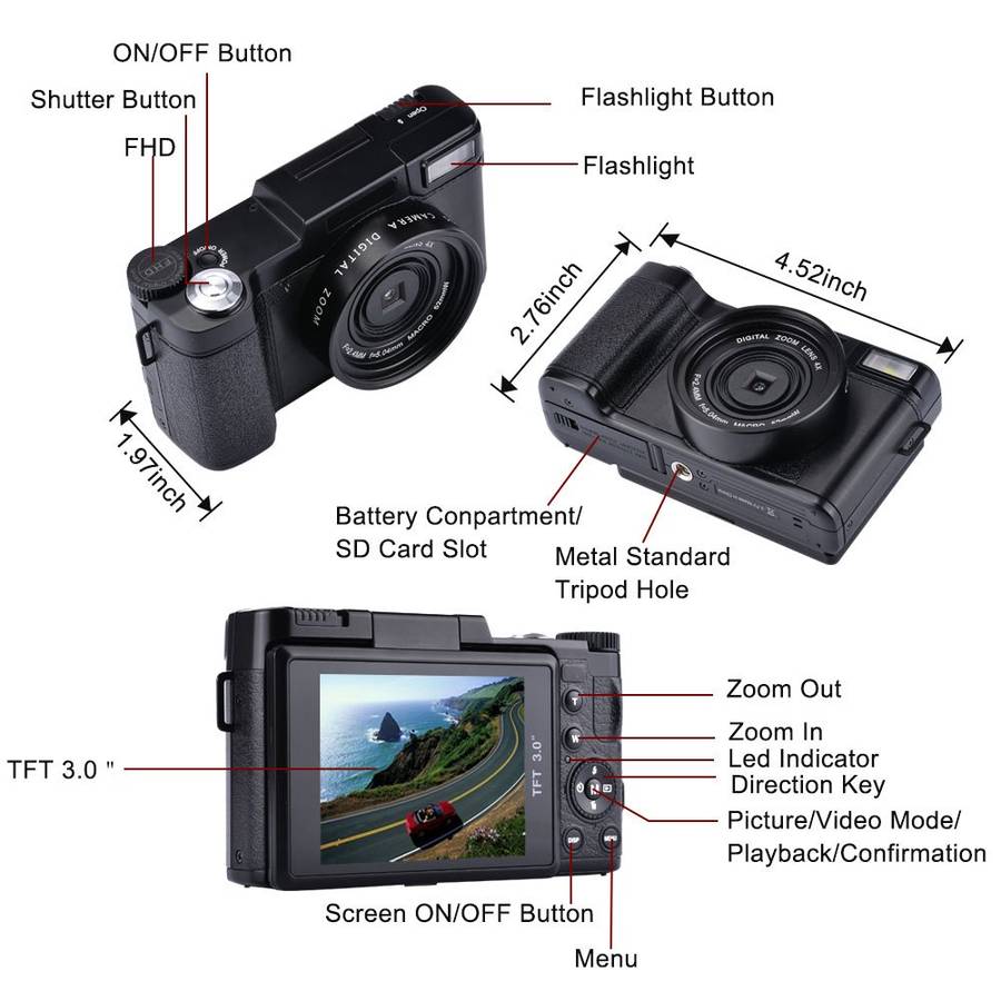 Digital Camera Vlogging Camera Full HD1080p 24.0MP Camcorder 3.0 Inch Flip Screen Camera
