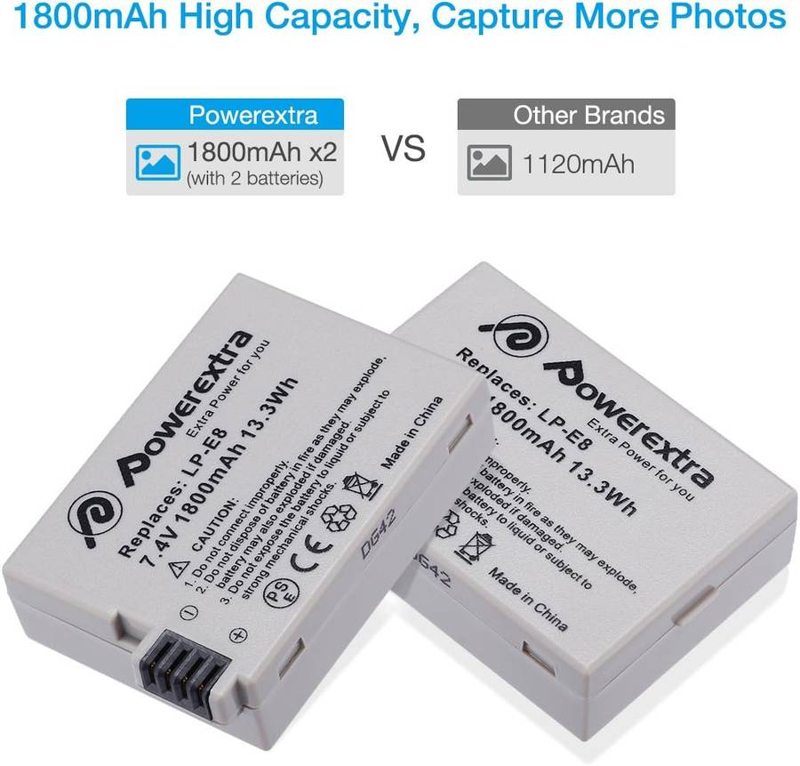 POWEREXTRA 2 PACK CANON LP-E8 REPLACEMENT BATTERY AND DUAL LCD CHARGER COMPATIBLE WITH CANON REBEL T