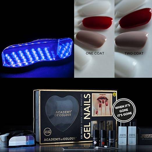 Academy of Colour Gel Nail Polish Manicure Complete DIY Starter Kit Set UV Lamp plus 2 Colours
