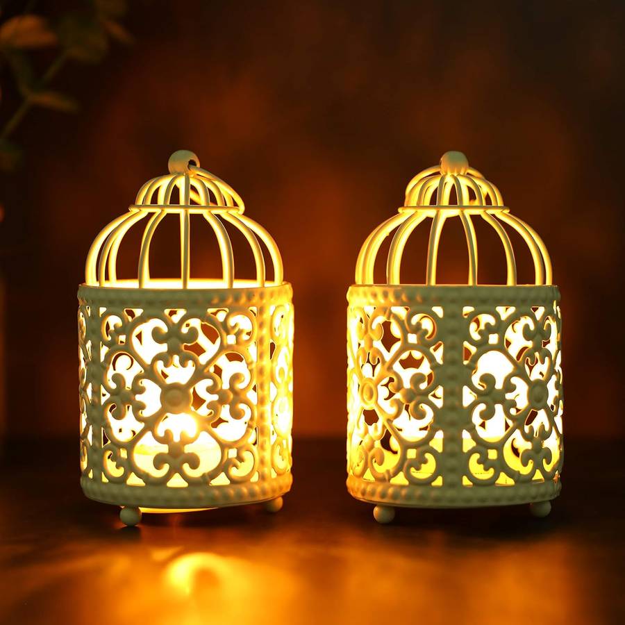 JHY DESIGN 2 Pack Small Metal Candle Stick Holder Hanging Birdcage Tealight Lantern Hollow Candle