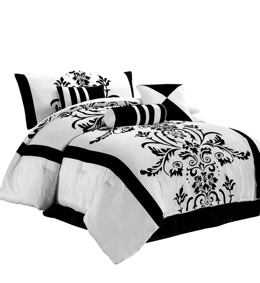 3-Piece White with Black Floral Flocking duvet Set, Queen