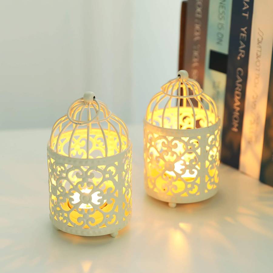 JHY DESIGN 2 Pack Small Metal Candle Stick Holder Hanging Birdcage Tealight Lantern Hollow Candle