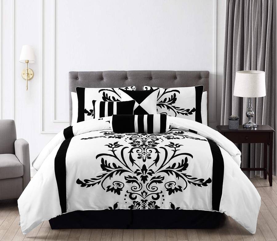 3-Piece White with Black Floral Flocking duvet Set, Queen