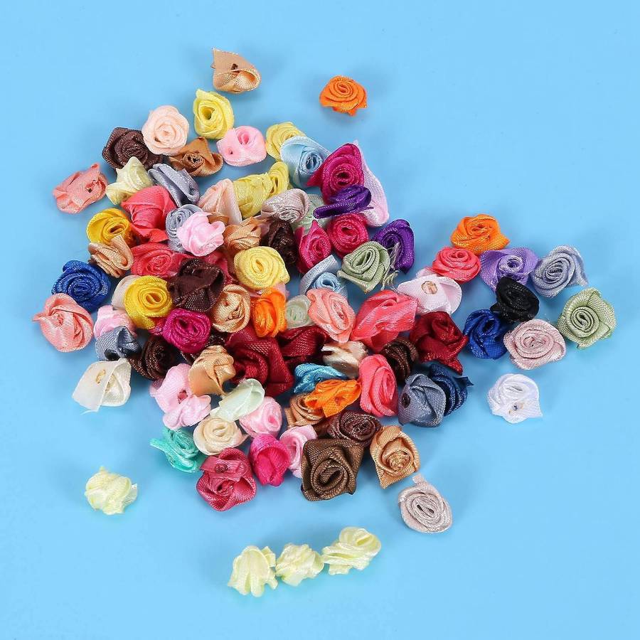 200pcs/lot Mini Handmade Satin Rose Ribbon Fabric Flower Appliques