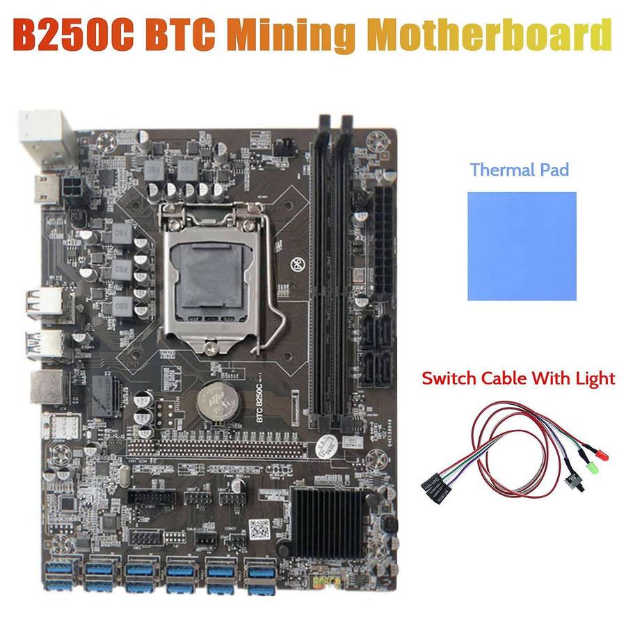 B250c Miner Motherboard+switch Cable with Light+thermal Pad