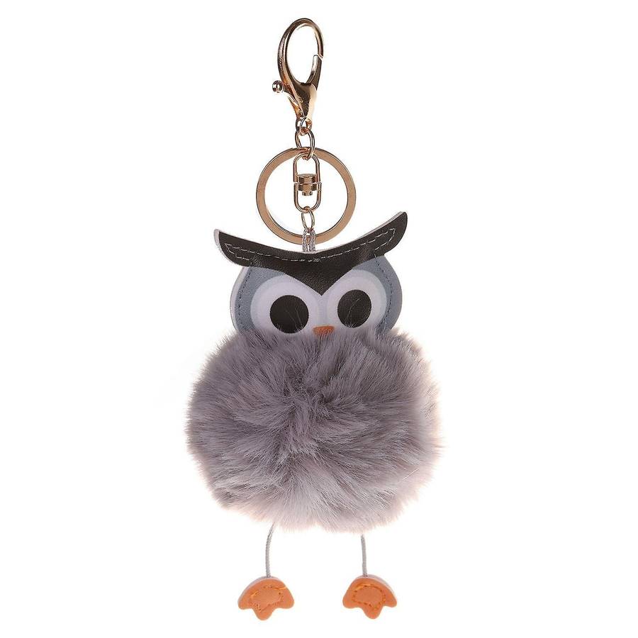 Pompom Fluffy Owl Keychain Faux Rabbit Fur Ball Women Light Grey