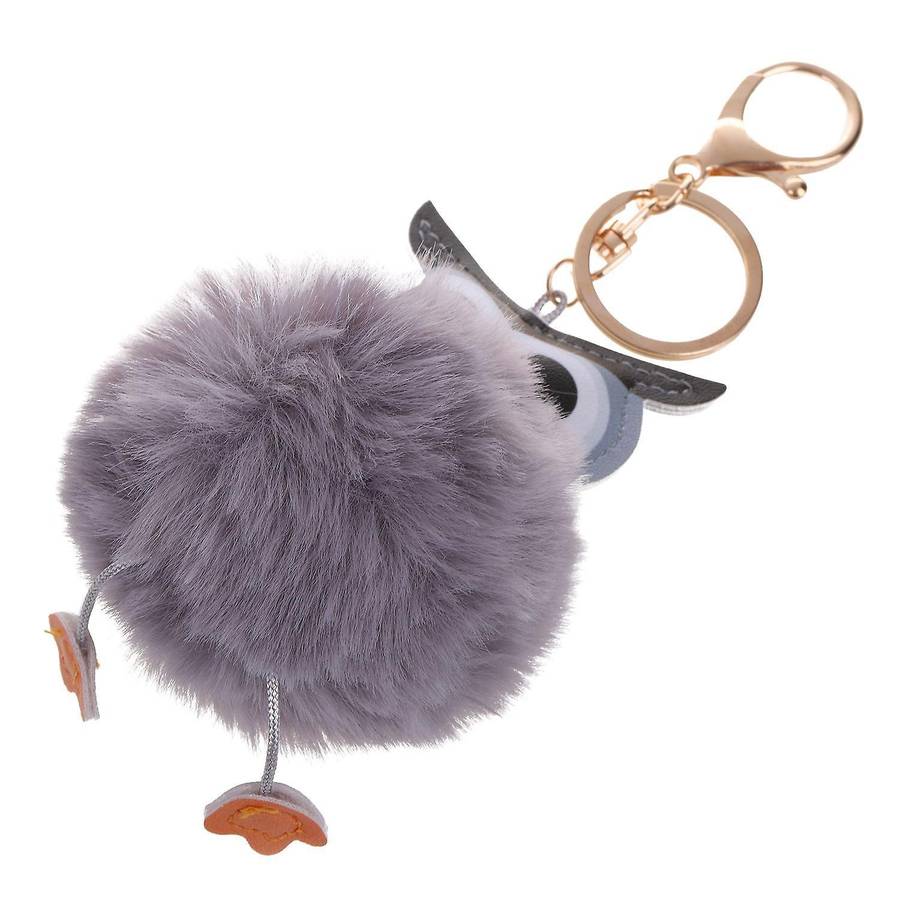 Pompom Fluffy Owl Keychain Faux Rabbit Fur Ball Women Light Grey