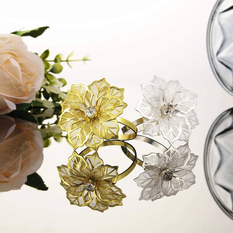 12-piece Alloy Napkin Ring with Hollow Flower Napkin Set (golden)