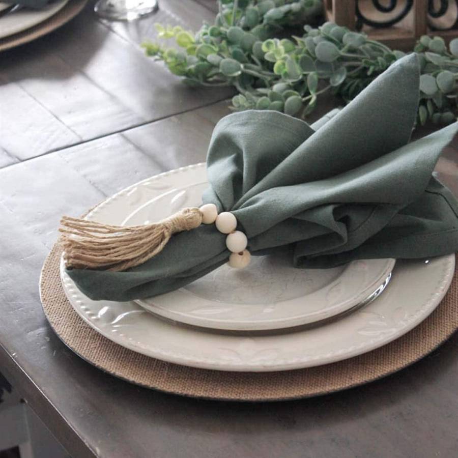 8pcs Tassels Wooden Bead Handmade Napkin Buckles Farmhouse White
