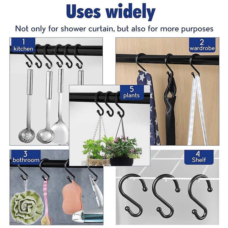 Set Of 12 Rings,s Shaped Hooks Hangers for Shower Curtains,(black)