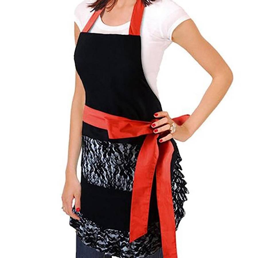 Black Lace Flirty Apron with Pocket, Cooking Pinup Aprons for Women