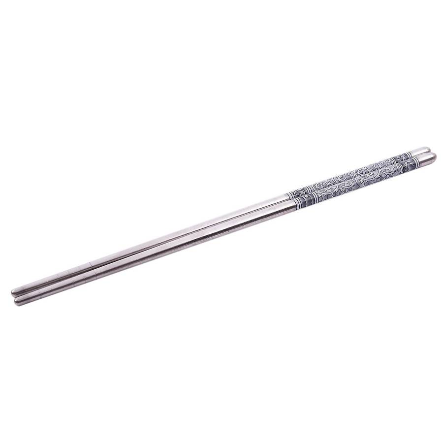 8.9" Length White Vine Pattern Stainless Steel Chopsticks Pair