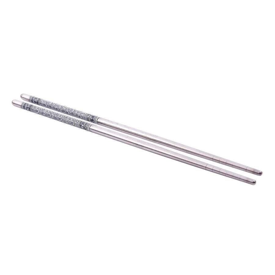 8.9" Length White Vine Pattern Stainless Steel Chopsticks Pair